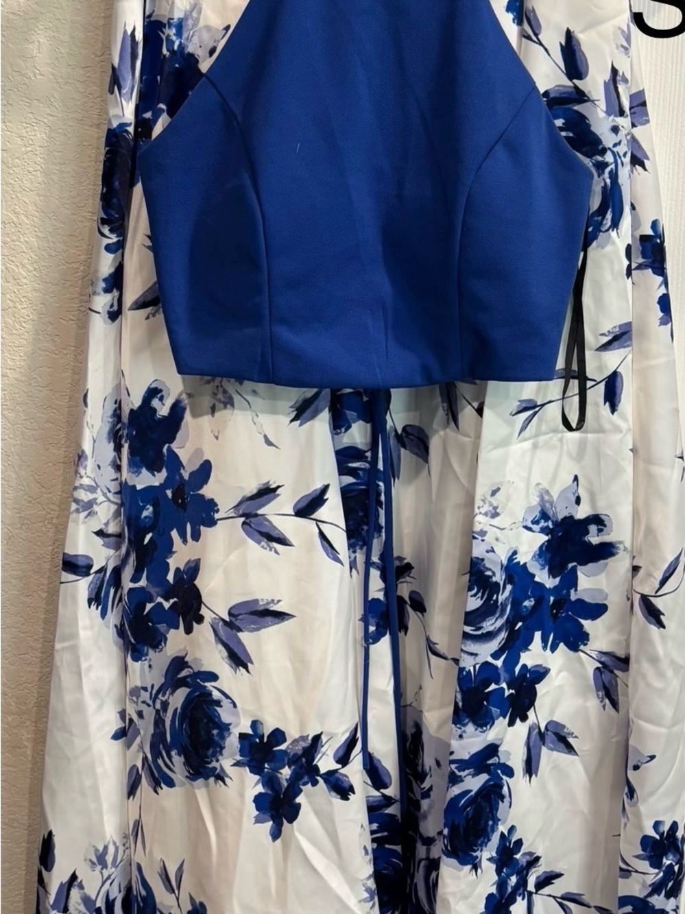 Windsor Blue and White Floral Two-Piece Prom Dress